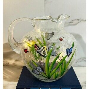 Vtg Crackle Glass Pitcher Butterflies Lady Bugs Fifth Ave Crystal Romainian